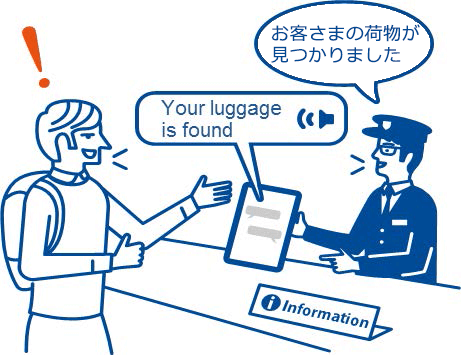 日本人（日本語）と外国人（外国語）がスマホ（タブレット）端末を使って、会話しているイラスト